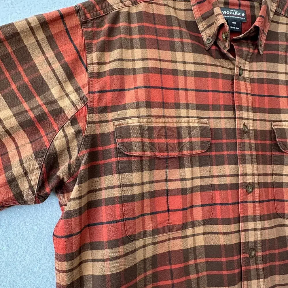 Woolrich Mens Large Red Orange Brown Plaid Classic Long Sleeve Button Work Shirt - Picture 9 of 14